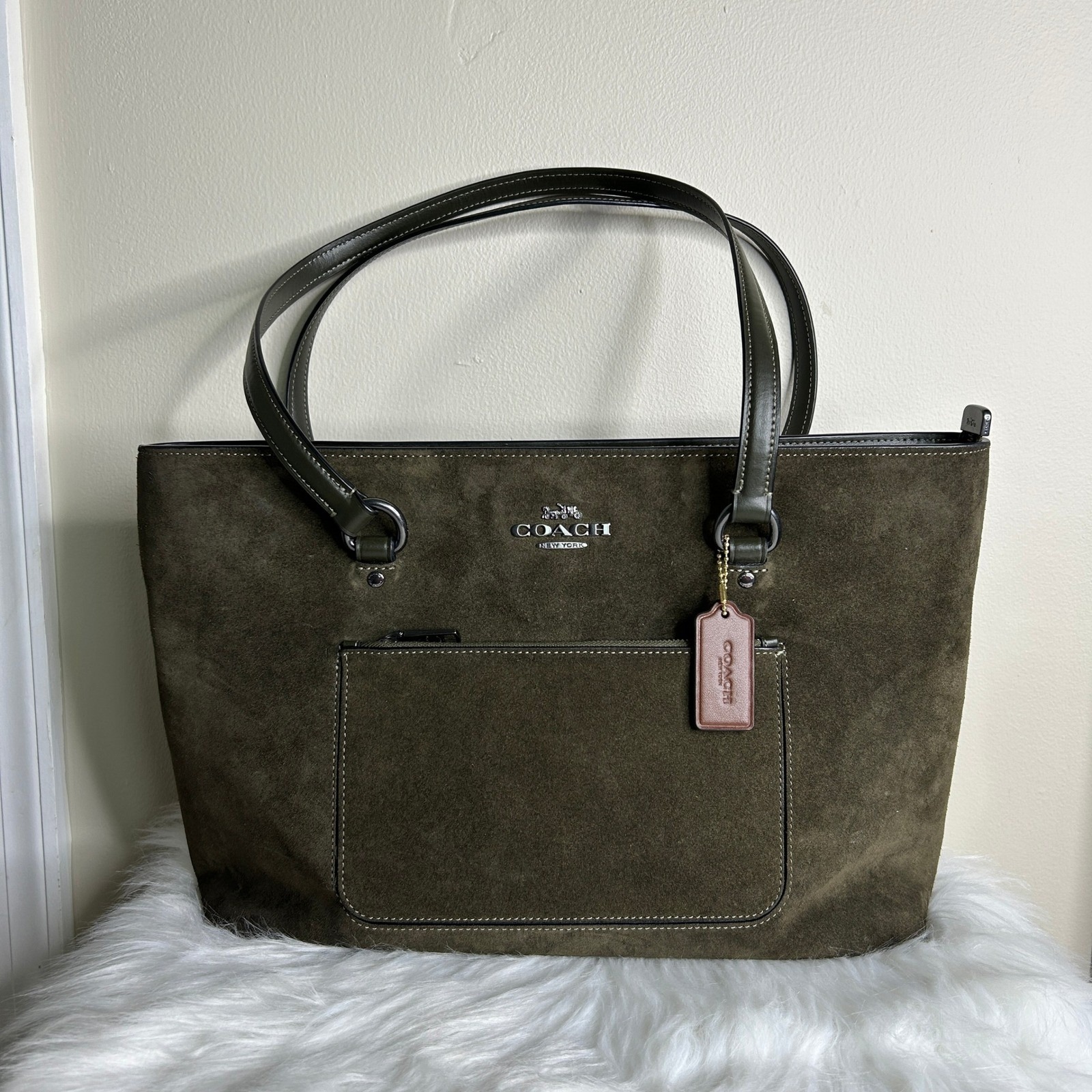 Coach Station Tote Ccc77 Olive Green Suede Leather Shoulder Bag Good